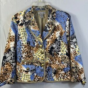 Birch Hill Blue and Brown Animal Patterned Blazer Pockets Gold Buttons XL